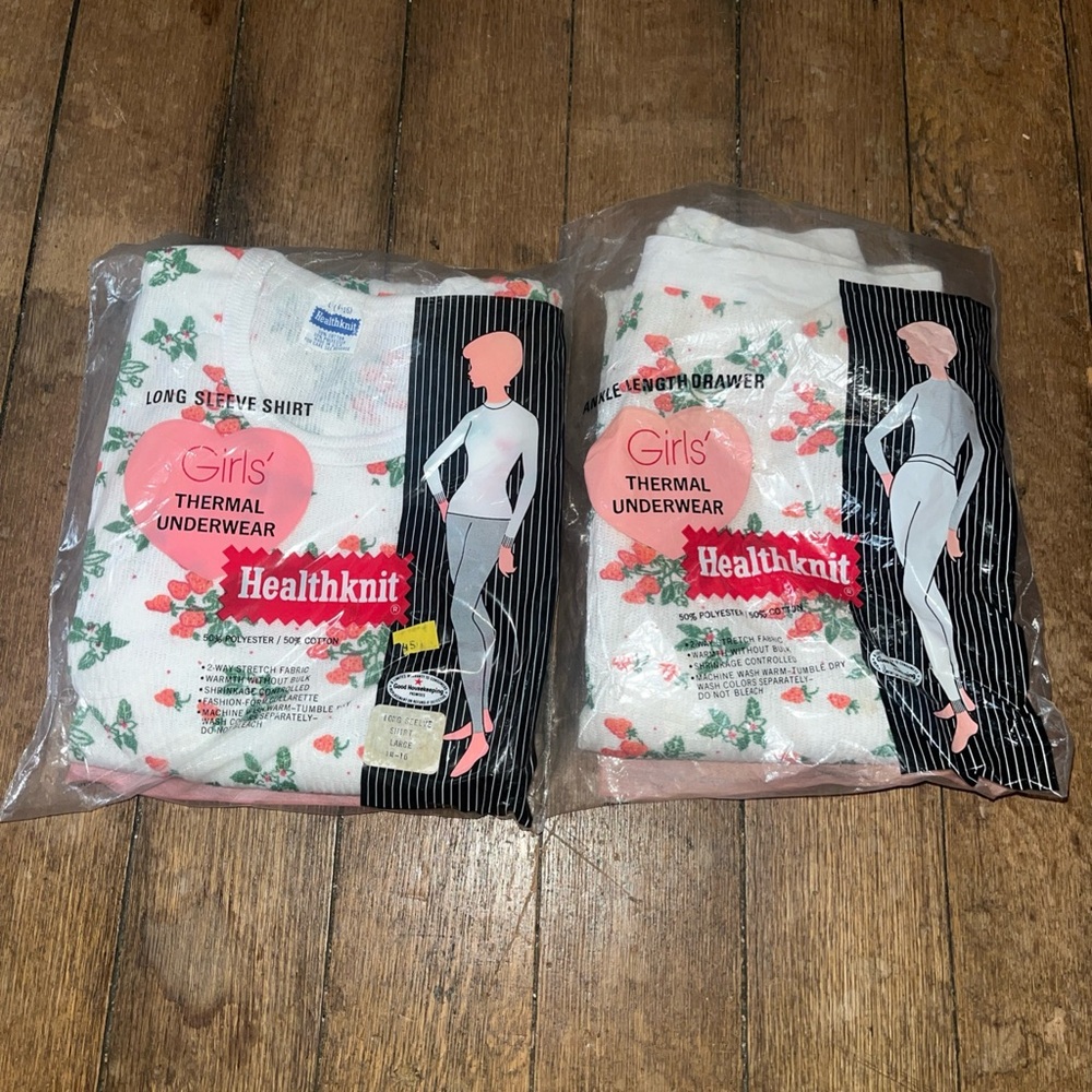 Healthknit Vintage Girl Set Long Sleeve Shirt & Pants Floral Thermal Pajamas L